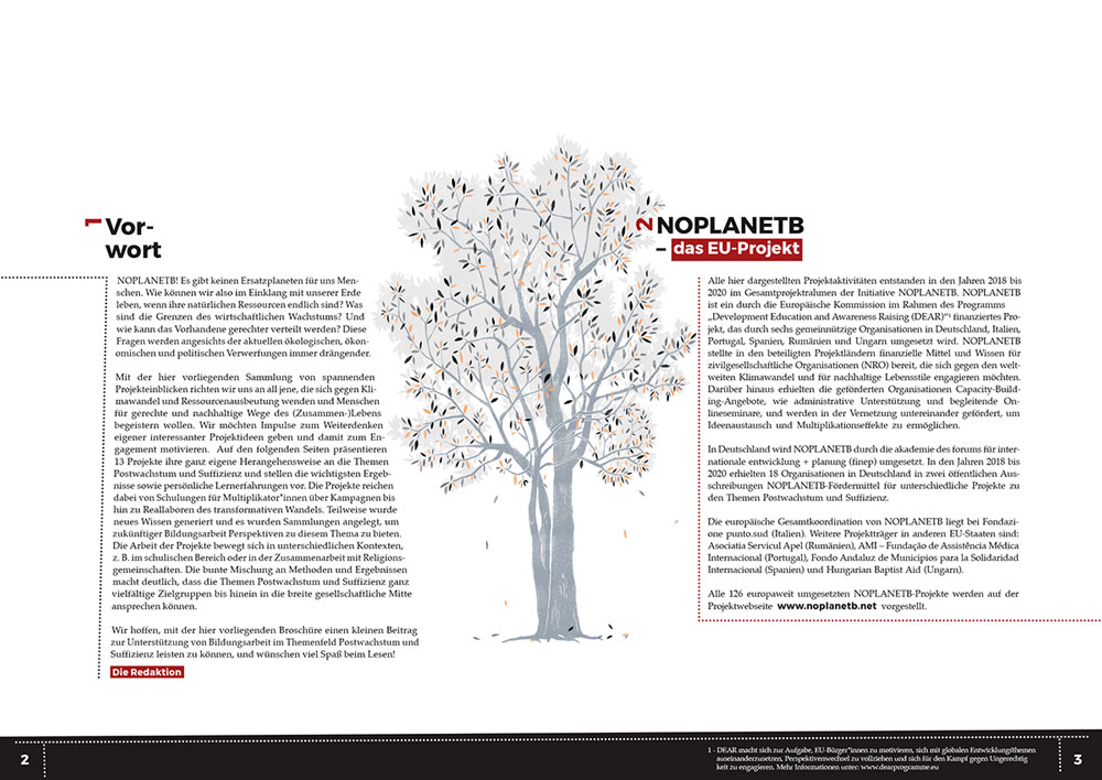 Spread of pages 2 and 3 of the publication. Each page features a single column of slightly skewed text. A tree illustration spans the center across both pages. Page 2 is titled 'Vorwort', and page 3 begins with '2 NOPLANETB - das EU Projekt'.